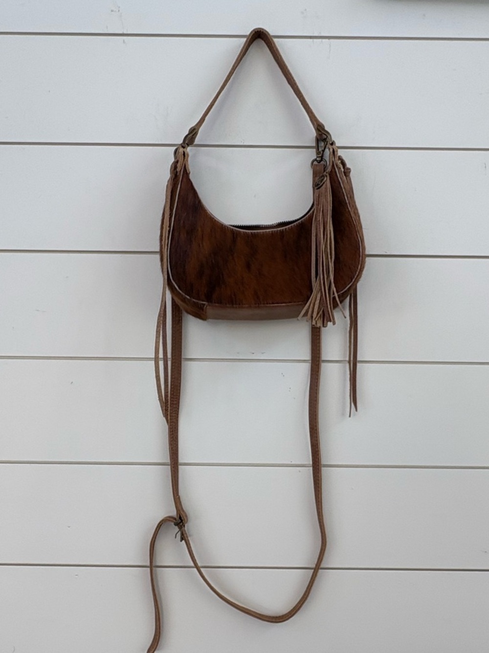 Montana West Mini Brown Haircalf Crescent Shoulder Bag with Fringe Tassels